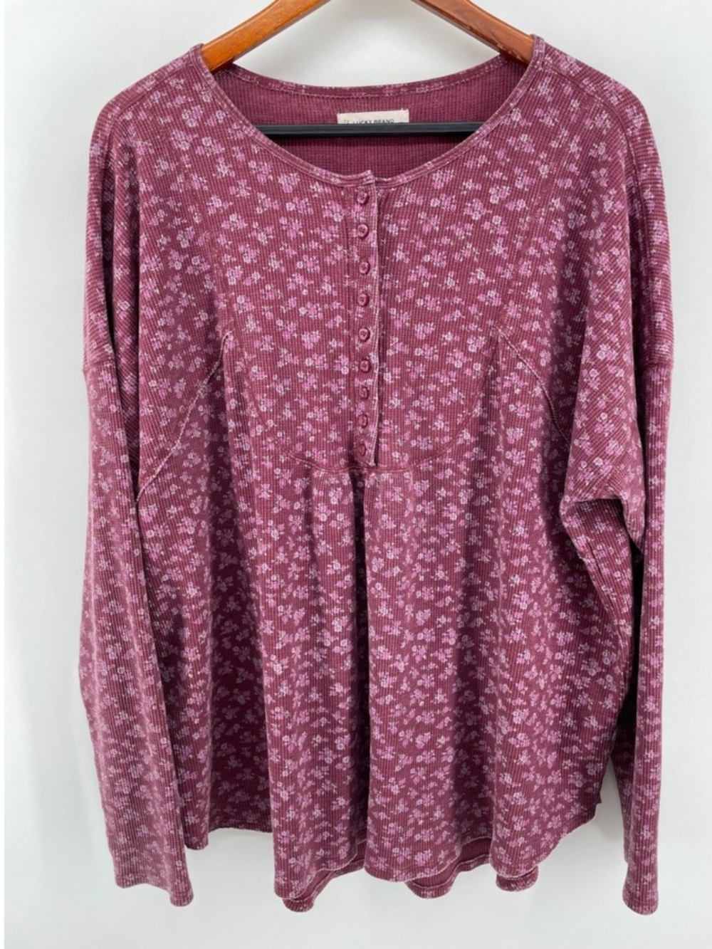 Lucky Brand Mauve purple Floral Long Sleeve waffle knit thermal Henley XXL